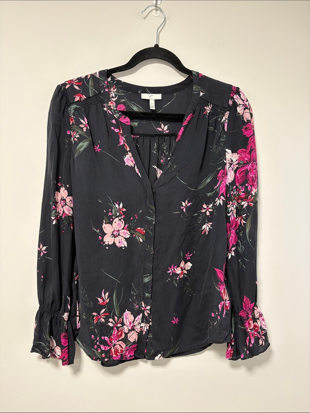 Joie Silk Black Blouse with Pink Floral Print